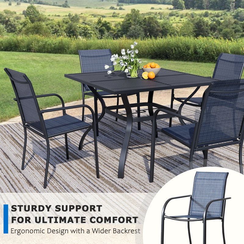 5-Piece Outdoor Dining Set, Square Metal Table With 4 Dark Blue Chairs, Black Patio Table With Umbrella Hole For Garden, Yard, Patio