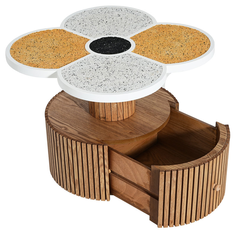 Table de chambre à quatre feuilles en forme de trèfle avec rangement, style artistique et fonctionnel, base en bois veiné, largeur 62 cm, rangement pour sous-verres, style nordique contemporain, dimensions