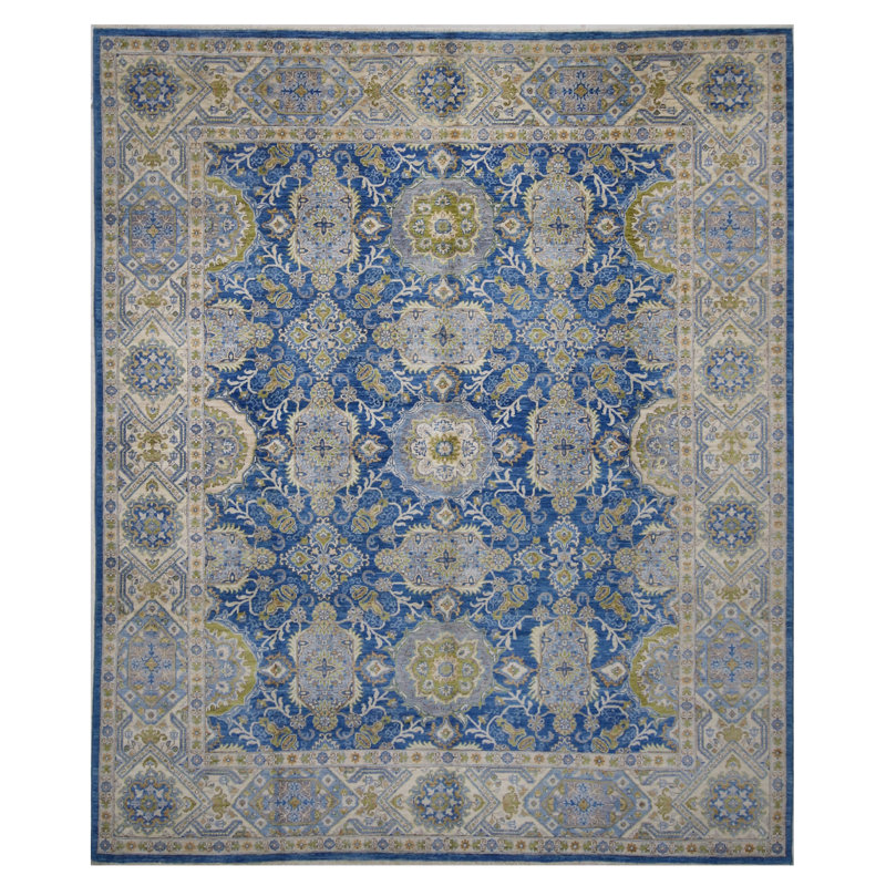 Hand Knotted Wool Area Rug in Blue And Beige