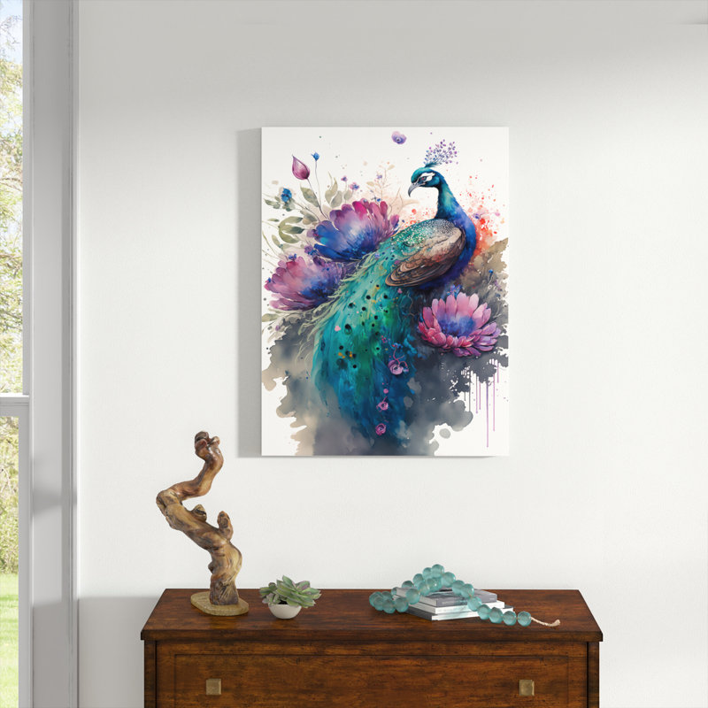 Heffernan, paon mignon, art floral I - paon, art mural, H 32 po x l 24 po x P 1 po, Toile tendue