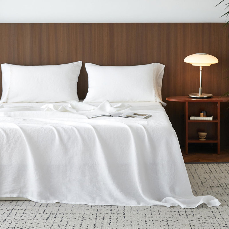 Ensemble de draps 100% lin lavé - Draps en lin naturel français, Grand 1 drap plat + 1 drap-housse + 2 taies d'orei, Blanc