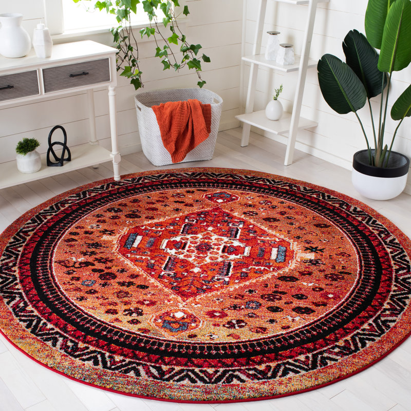 Tapis oriental orange / noir Emens, Rond 6 pi 7 po
