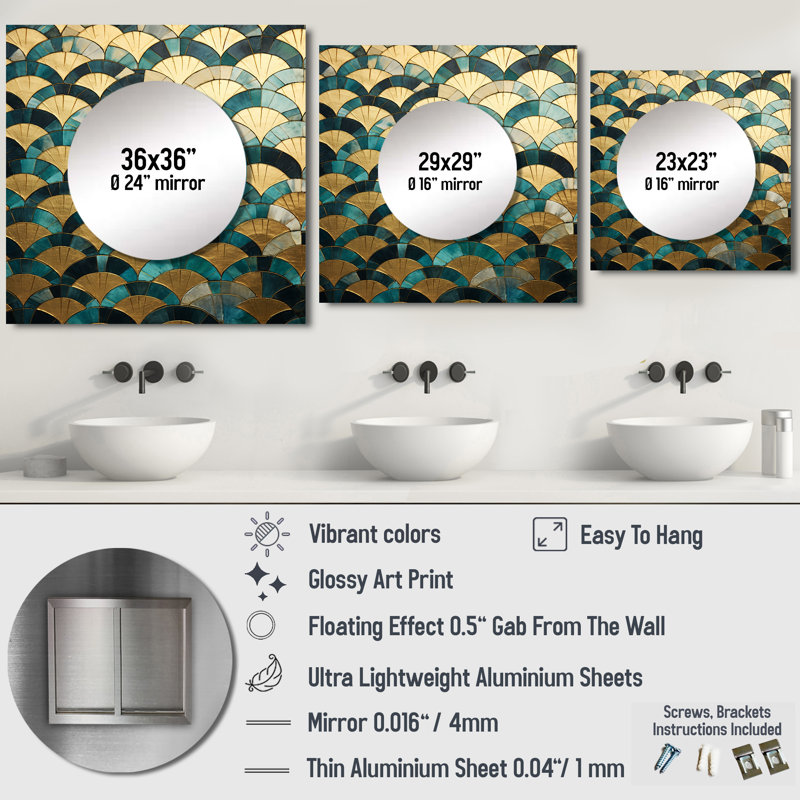 Ayrika - Emerald And Golden Arches IV Abstract Shapes Square Mirror Wall Art For Bathroom, 23" x 23"