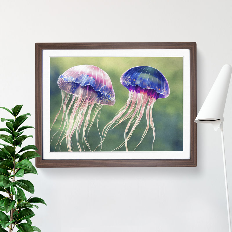Watercolour Jellyfish - Single Picture Frame Print, 46cm H x 64cm W x 2cm D, Walnut