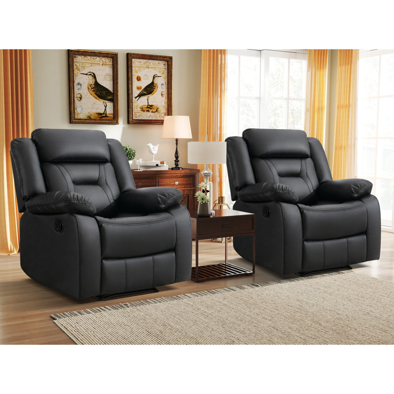 Ethelwyn 36.6'' Wide Modern Breathable Leather Manual Recliner with Overstuffed Arm and Back (Set of 2), Black Faux Leather