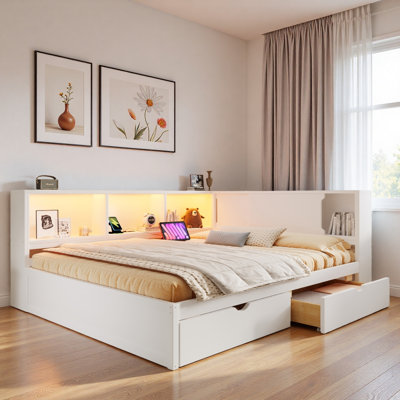 Lit de jour en bois avec tablettes de rangement, ports USB, DEL et 2 tiroirs