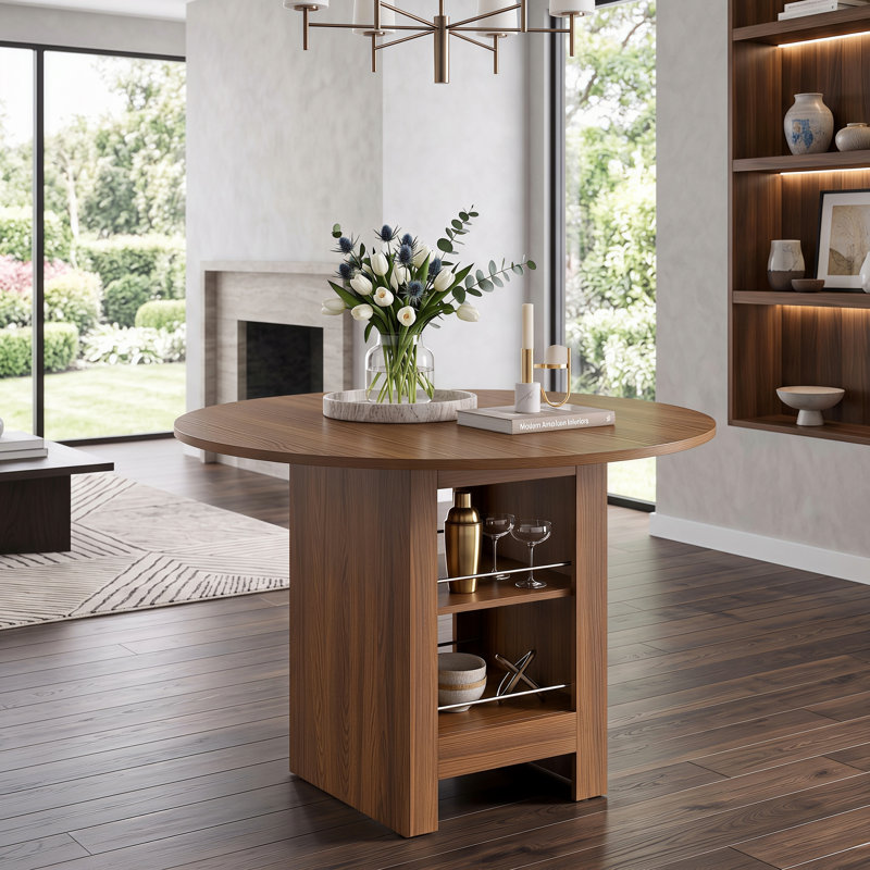 Table de salle à manger ronde de 107 cm (42 pouces) avec étagères de rangement, style moderne, en MDF, sur pied central.