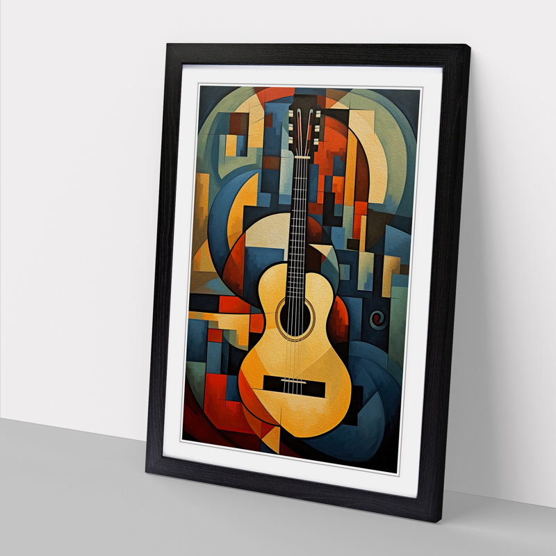 XYZ-FRM-V1223-1749 Acoustic Guitar Cubism No.3 - Single Picture Frame Print on Wood, 34cm H x 25cm W x 2cm D, Black