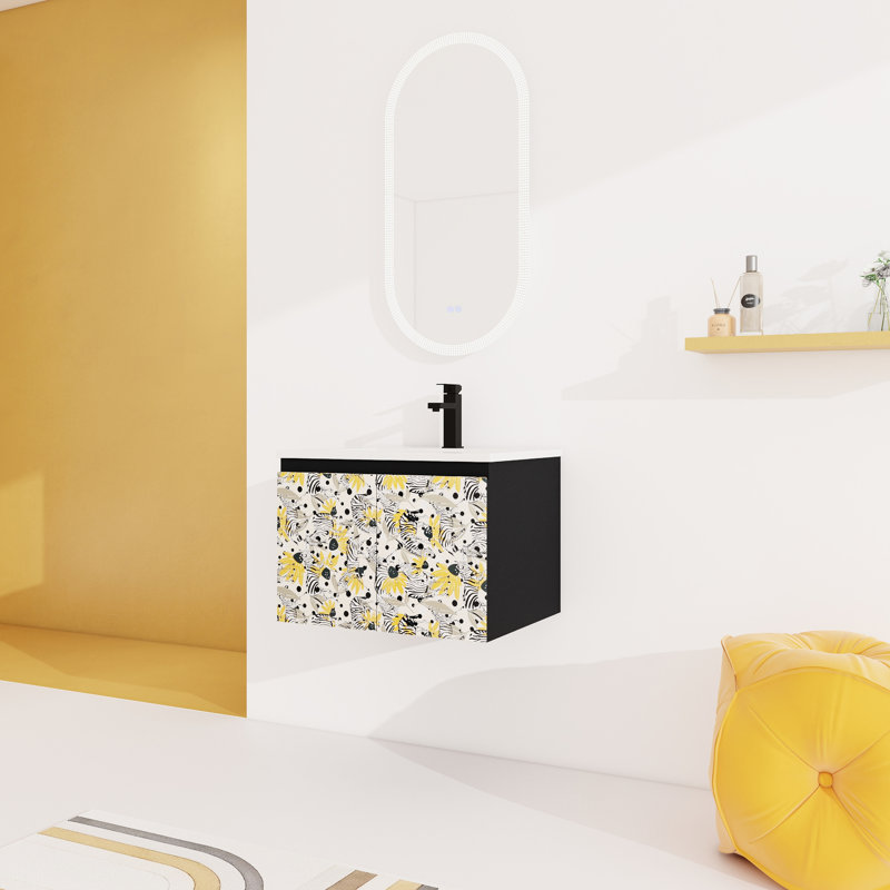 Meuble-lavabo flottant 24 po avec lavabo en céramique. Porte d'armoire à fermeture en douceur, noir. Mobilier élégant au design contemporain