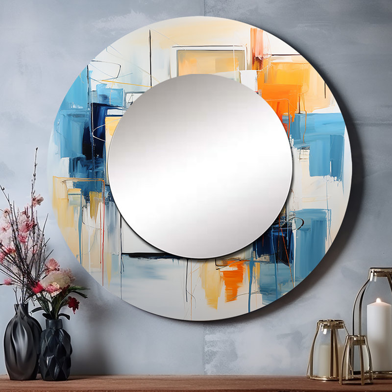 Blanchisserie, Abstract Reflections II - miroir unique, grand miroir mural rond bleu, impression d'art en métal