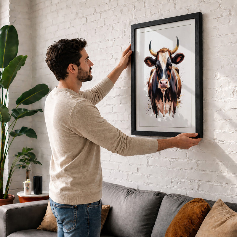Bold Cow Portrait Modern - Framed Print, A3 - 42.0 x 29.7 cm, Walnut