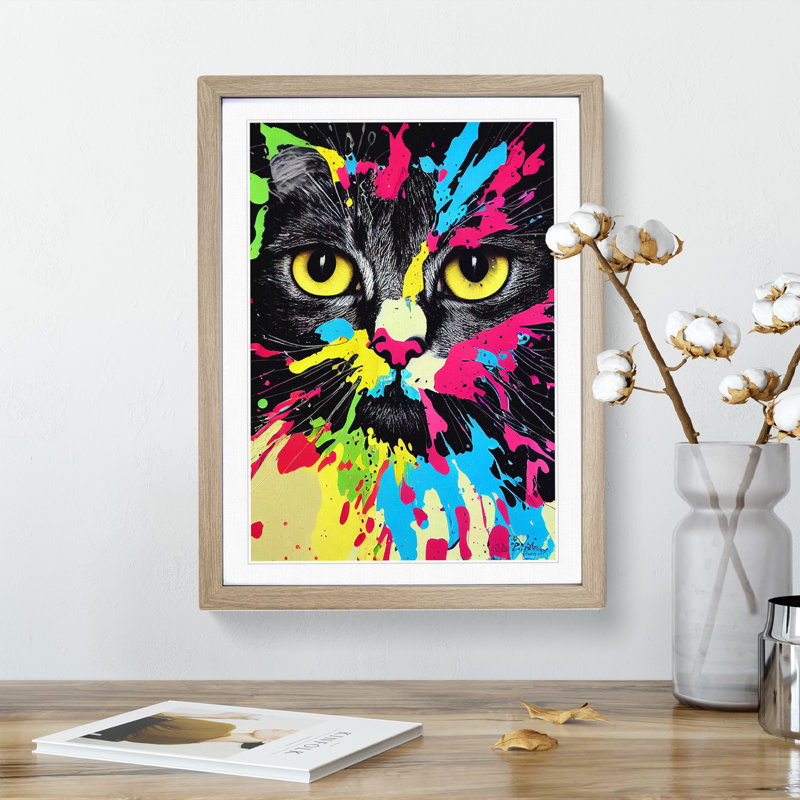 Paint Splat Cat - Framed Print, 64cm H x 46cm W x 2cm D, Oak