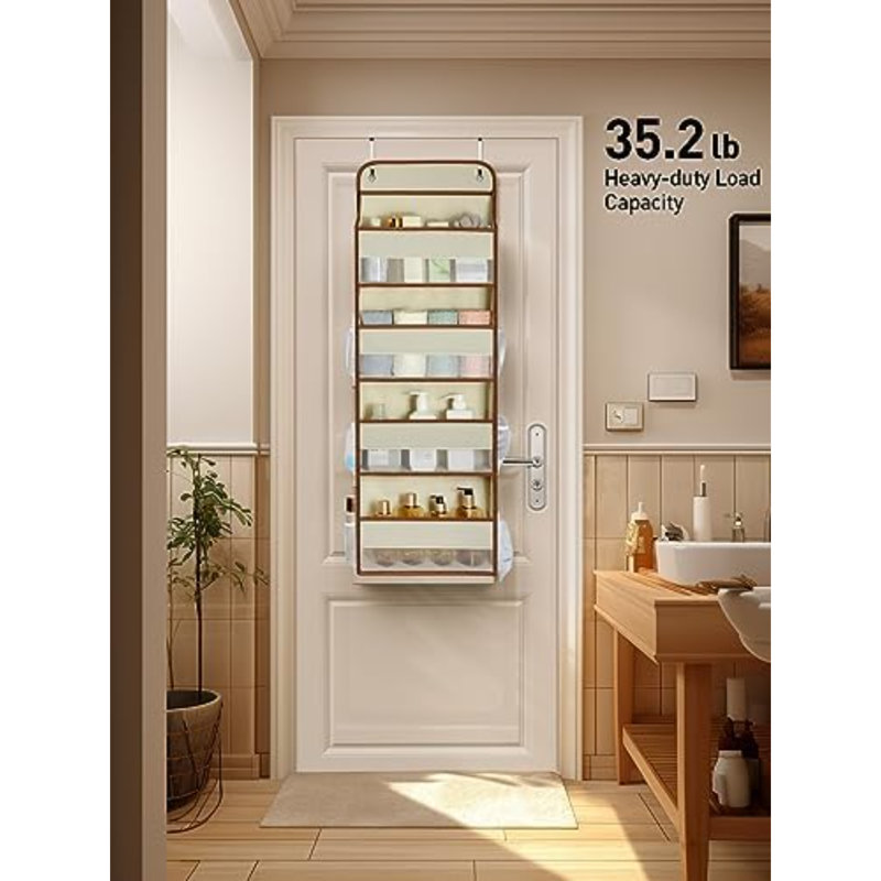 Paquet de 1 organisateur de rangement au-dessus de la porte, organisateur de porte de placard à charge de 35,2 lb, organisateur de salle de bain sans affaissement avec 4 bacs, 6 poches latérales, rangement de porte pour les essentiels de la chambre de bébé, beige
