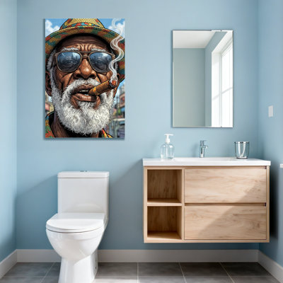 Lunettes de soleil mode chapeau coloré barbe blanche fumée de cigare fond urbain