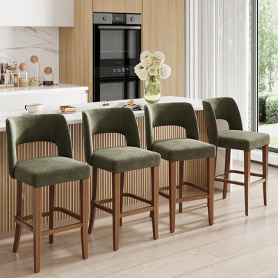 26" Upholstered Bar Stools Set of 2, Wood Legs, Ergonomic Backrest Kitchen Island Chairs, Beige/Oak