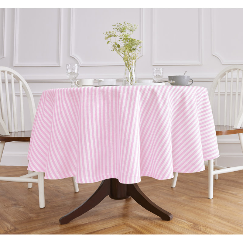 Amalfi Stripe - 100% Pure Linen Round Tablecloth, 70" Round, Cherry Blossom/White