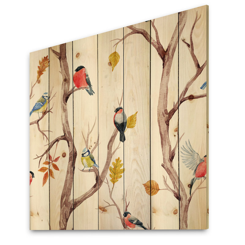 Arbres d'automne et petits oiseaux - Impression traditionnelle sur bois de pin naturel, H 30 po x l 30 po x P 0,78 po