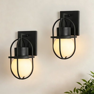 11 in. 1-Light Sand Black Outdoor Wall Sconce, White Glass Shade, Wet Rated Farmhouse Exterior Lantern, Hardwired Set of 2