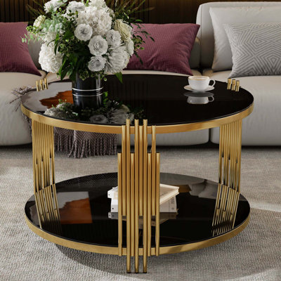 Table basse moderne en verre de 31,5 po, base asymétrique en métal, base cylindrique en métal