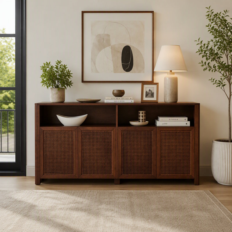 Buffet Mid-Century en rotin de style Mid-Century, Noyer