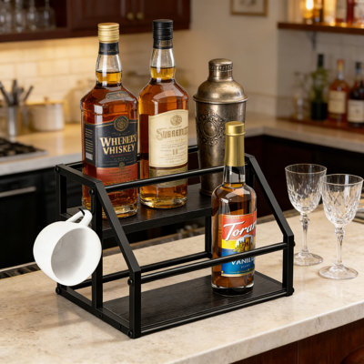 2-Tier Syrup Bottle Rack Organizer, Sturdy Storage Shelf Holder For Coffee Bar, Kitchen Countertop, Holds 8 Bottles Of Syrup, Wine, Condiments With Multi-Functional Hooks