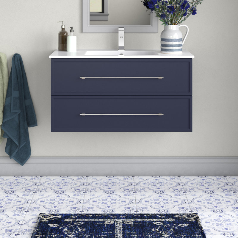 Meuble-lavabo mural simple 36 po avec plateau en marbre Milano, Bleu