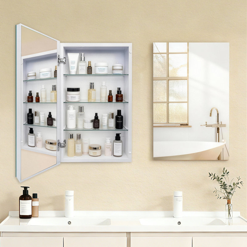 Frameless Bathroom Medicine Cabinet, Mirror Cabinet With 3 Movable Shelves ,Recessed Or Surface Mount Installation – Premium Mirrored Slim Cabinet,No Assembly Required(White)