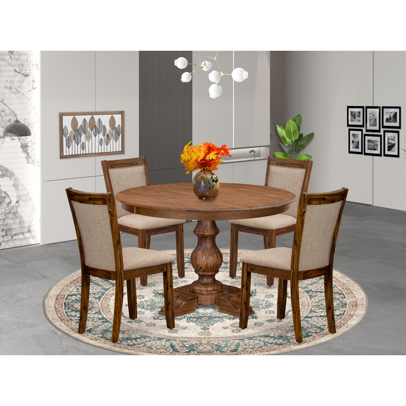 Cet ensemble de cuisine de 5 pièces comprend une table de salle à manger à piédestal et 4 chaises Parson en lin brun clair avec dossier rembourré - finition noyer antique