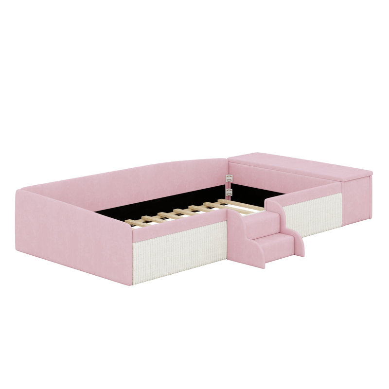 Élégant lit de jour rembourré avec escalier, repose-pieds avec vérin à gaz et garde-corps, Twin, Pink+White