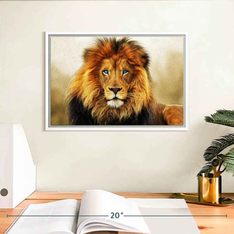 Lion aux yeux bleus, Cadre flottant blanc, 13 po x 9 po