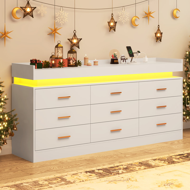Tyson 9 - Drawer Dresser with LED Strip and Quick-charging Power Station, White