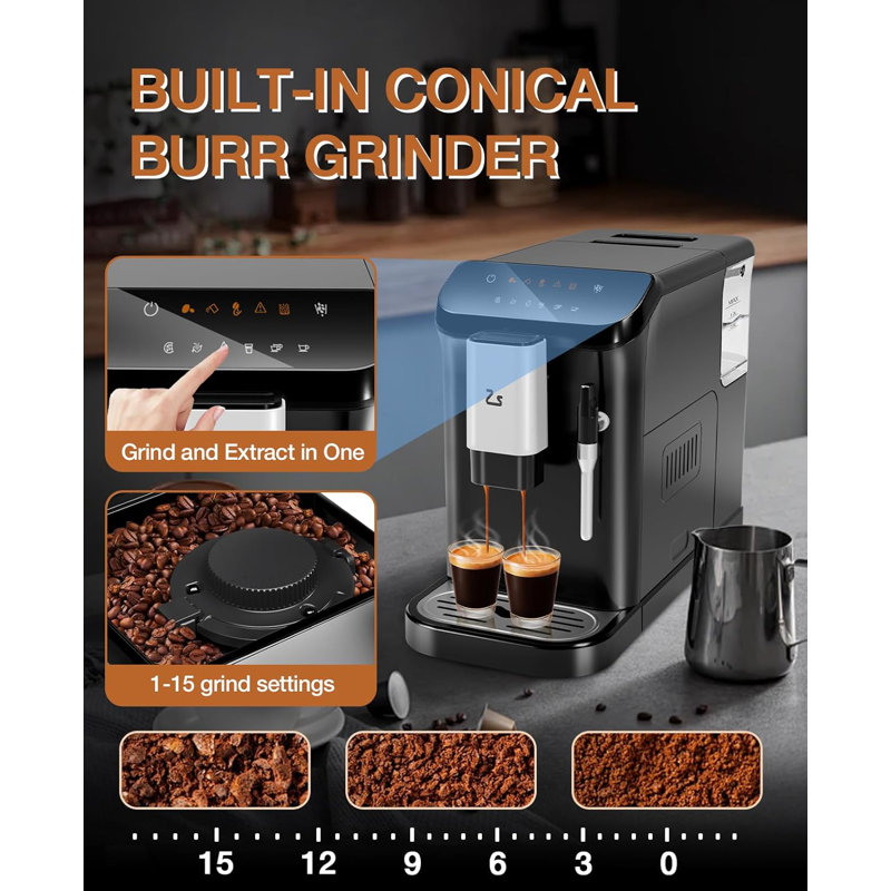 Machine à espresso entièrement automatique avec moulin, machine à café à 20 barres avec moulin intégré, nettoyage automatique avec fonction eau chaude, réservoir d'eau de 1,5 l pour café au lait, cappuccino (sans mousseur à lait)