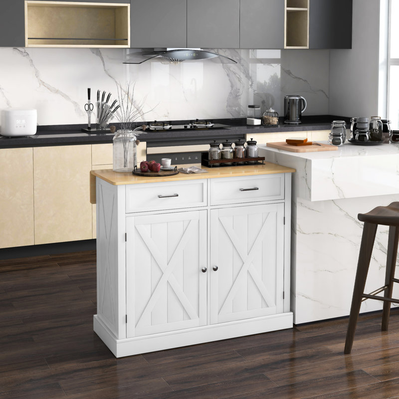 Îlot de cuisine roulant avec espace de rangement pliable - blanc, 2 tiroirs, tablettes réglables à abattant pour la préparation des repas