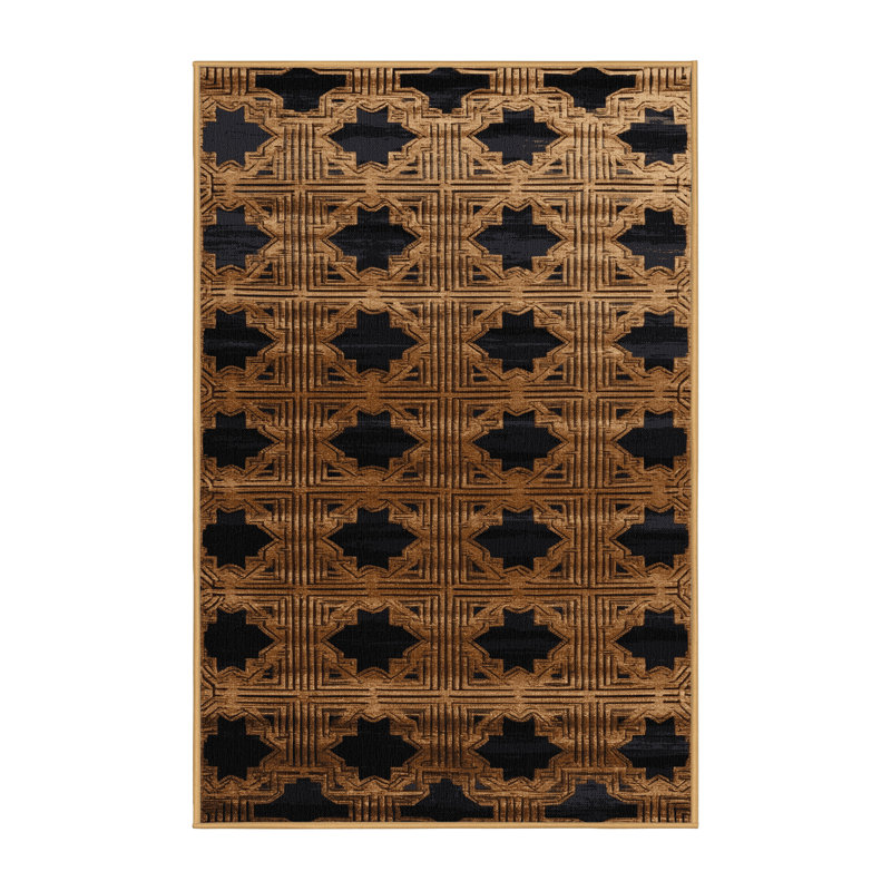 Machine Washable Art Deco Brown Area Rug, Rectangle 3' x 5'
