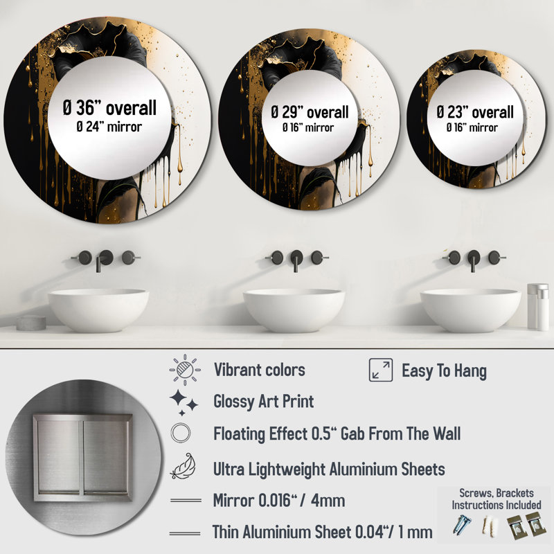 Décoration murale noire et dorée Cally Lillies - Miroir rond floral et botanique_MTMIR56419, 29 po x 29 po