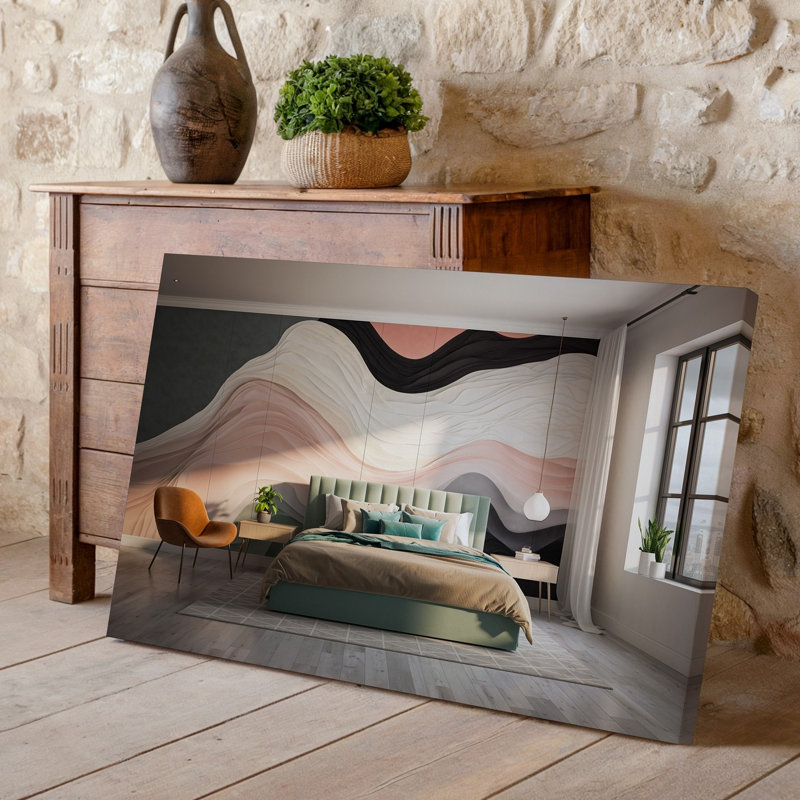 Toile, une chambre à coucher moderne avec un plancher en bois clair et une grande fenêtre d'art mural qui laisse entrer une douce lumière naturelle créant un art mural sur toile