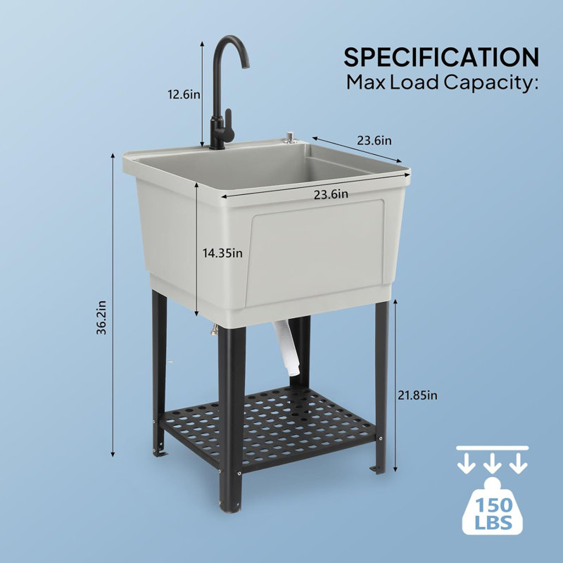 Plastic Utility Sink Freestanding With Storage Shelf, Gray