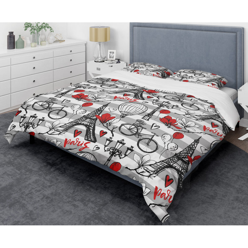 Paris Eiffel Red Hearts Microfiber Duvet Cover Set