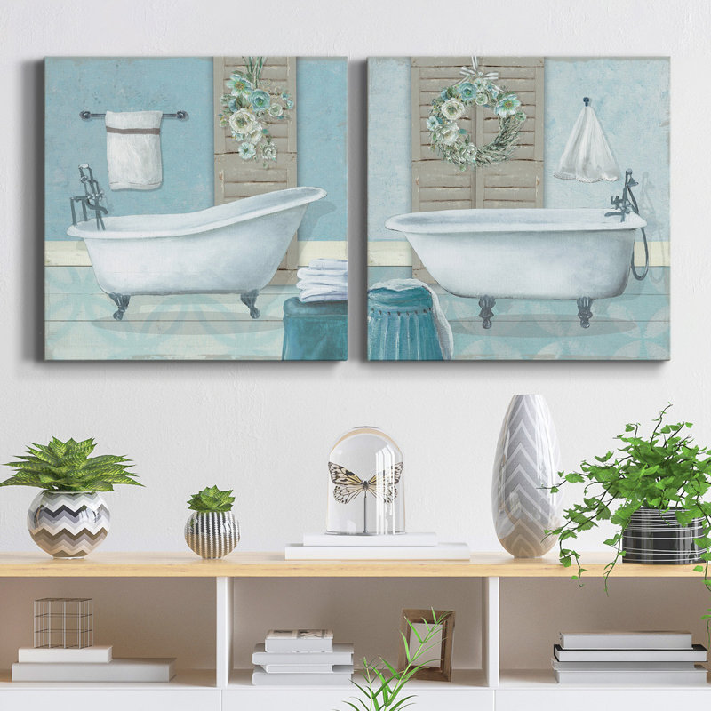 «Teal Bath I», ensemble de 2 reproductions d'art sur toile tendue, H 32 po x l 64 po x P 1 po