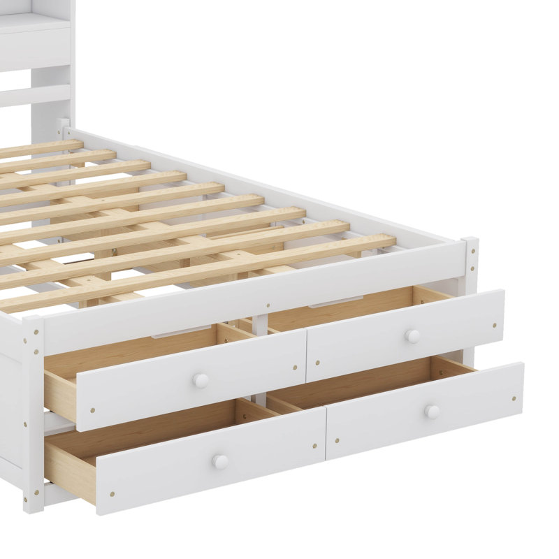 Lit plateforme avec tête de lit et rangement à 8 tiroirs, Blanc, Grand