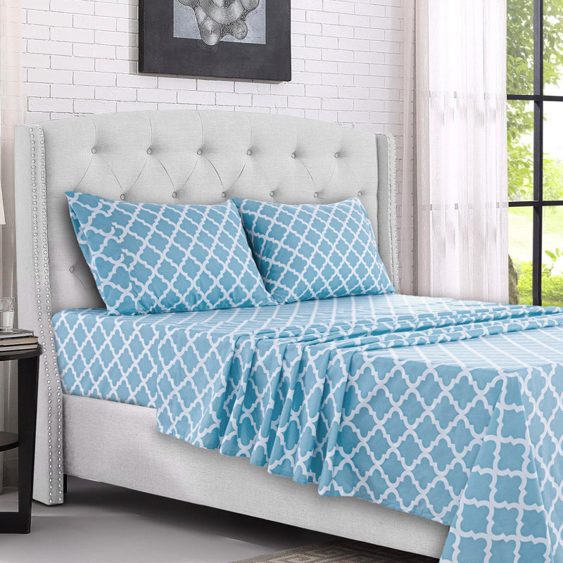 Lux Decor Collection 4 Pc Soft Microfiber Bed Sheets Set Geometric Quatrefoil Bedding, King Sheet Set with 2 Pillowcases