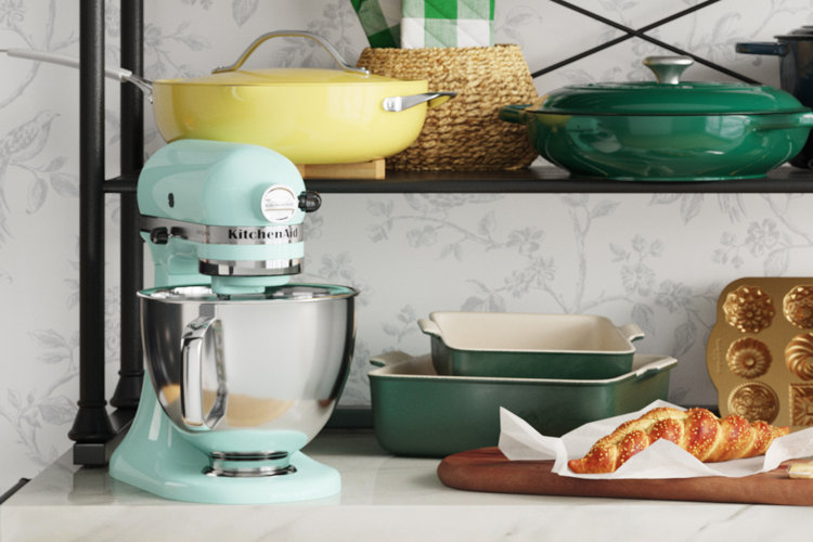 stand mixer on kitchen counter with attachments