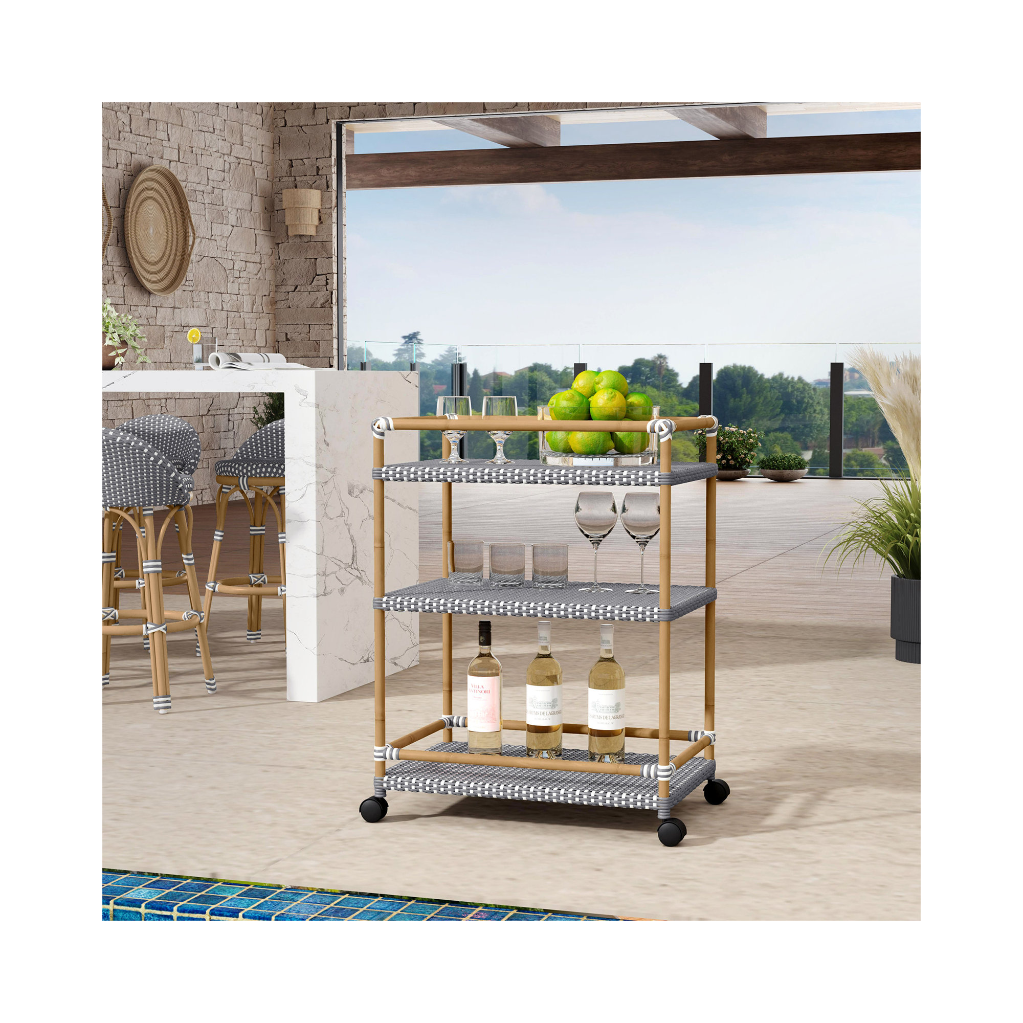 Ellie Bar Cart with Metal Outer Material, Gray/White