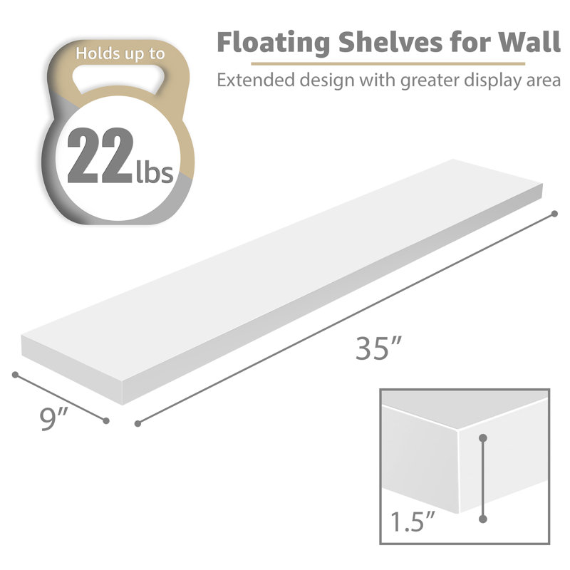  35" Long Floating Shelves with Invisible Mounting - Set of 2, White, White