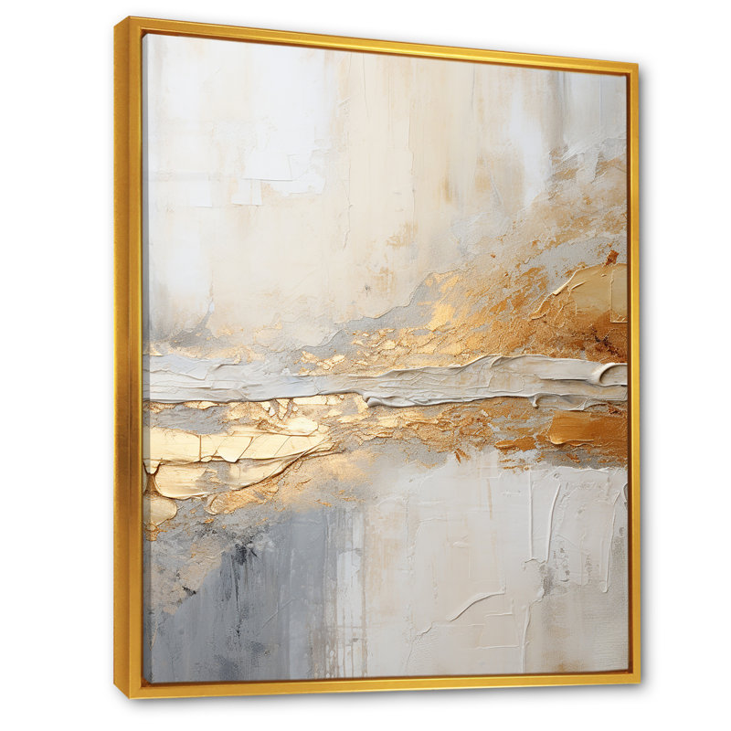 Art abstrait doré et beige fusion I - plage côtière, H 32 po x l 24 po x P 1 po, Cadre flottant doré
