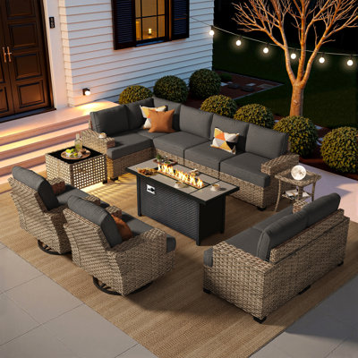 Tommy Wicker 9-person Modular Outdoor Sectional Seating Group With Swivel Chairs And Cushions, Patio Conversation Set With Fire Pit Table