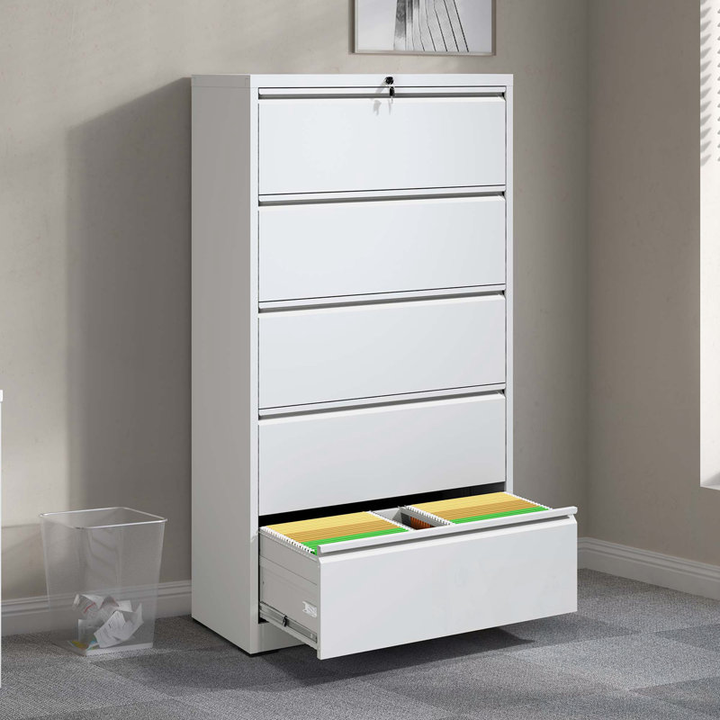 Wide Metal File Cabinet with 5 Drawers and Lock, White