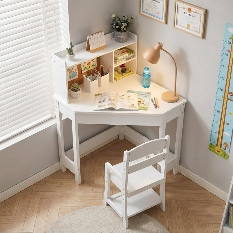 Kids Study Desk and Chair Set with Hutch and Corkboard, Corner Student Table with Adjustable Chair and Storage Organizer