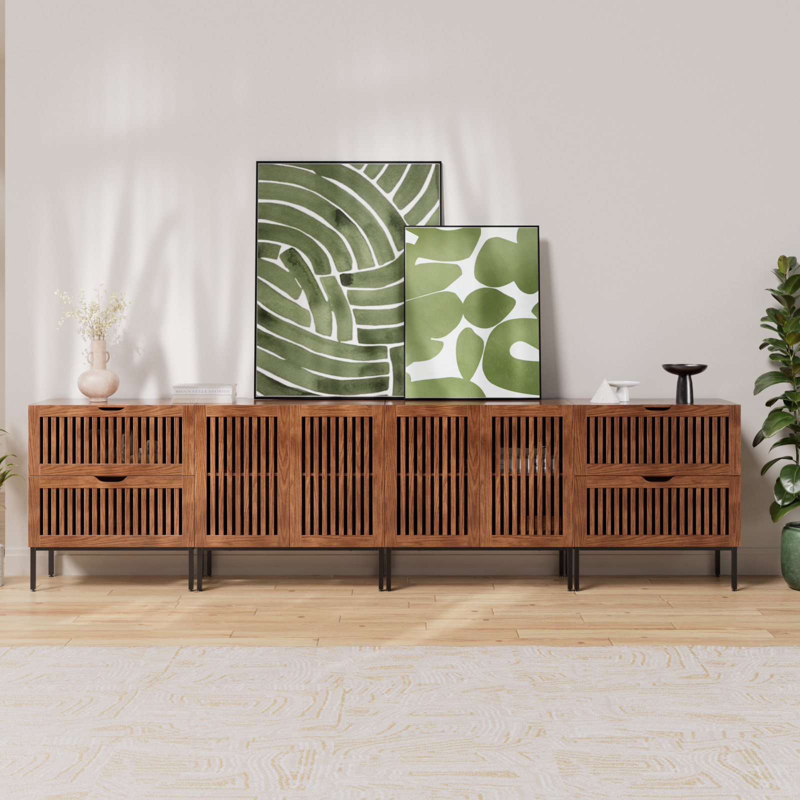 Millwood Pines Storage Cabinet,118" Farmhouse Buffet Cabinet With Metal Base And Adjustable Shelf,sideboard Coffee Bar Cabinet With 4 Doors For Kitchen,dining Room,living Room,brown | Wayfair