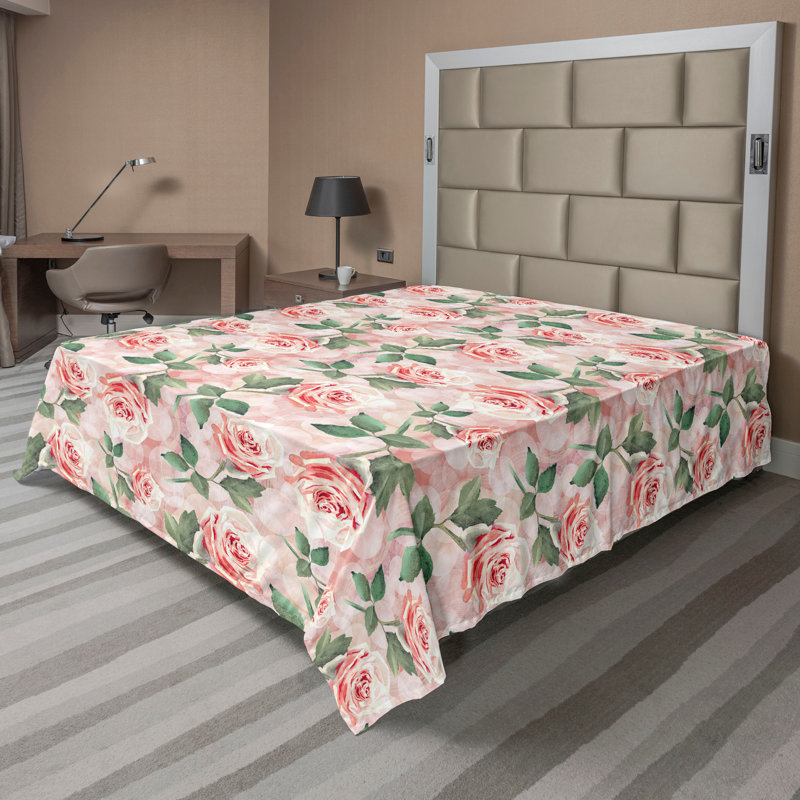 Drap plat Ambesonne, Floral vert / rose, Drap plat de taille double
